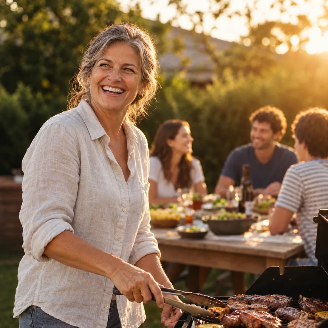 Mujer disfrutando de un asado en familia